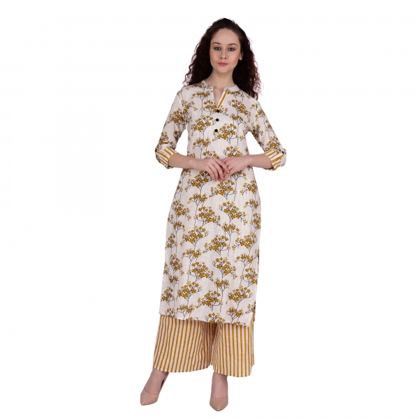 Cream Flora Print Kurti With Palazzo